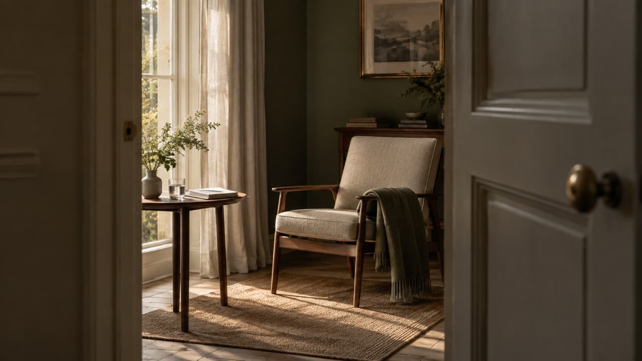 A quiet reading chair seen through an open doorway in warm afternoon light, evoking a private but understandable threshold.
