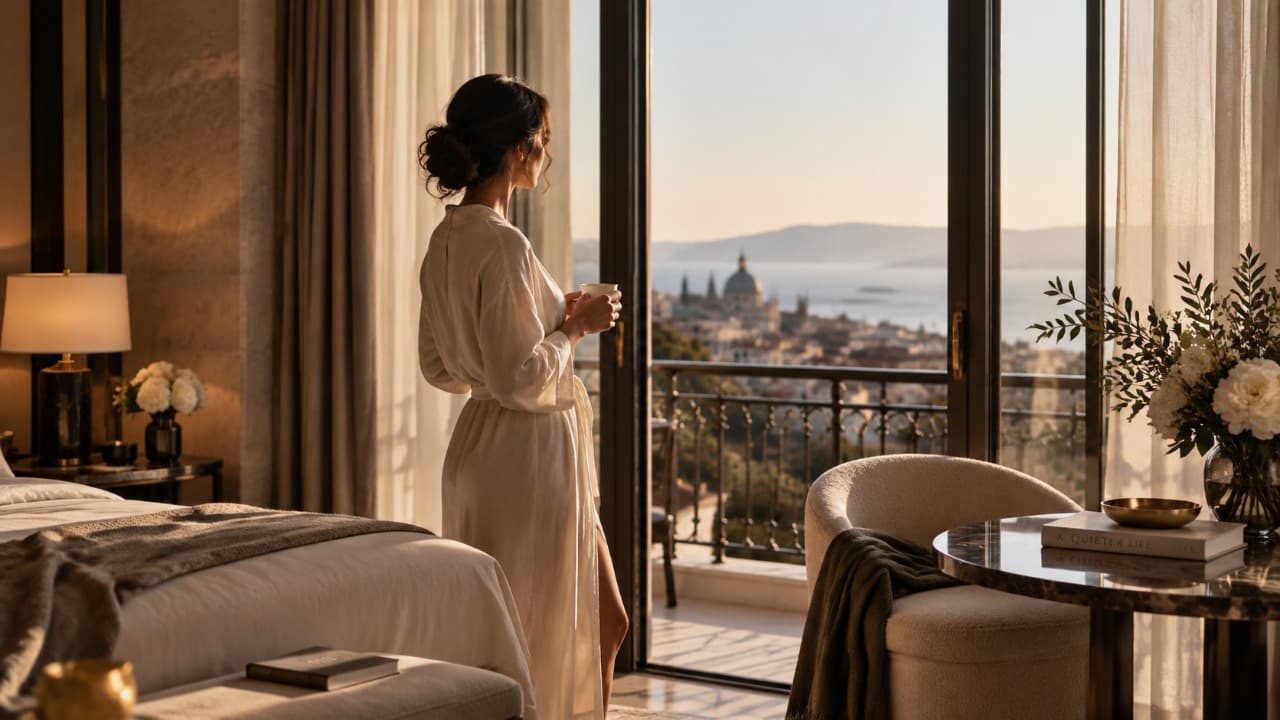 A woman standing in a quiet, sunlit room beside an open window, suggesting a considered first threshold.