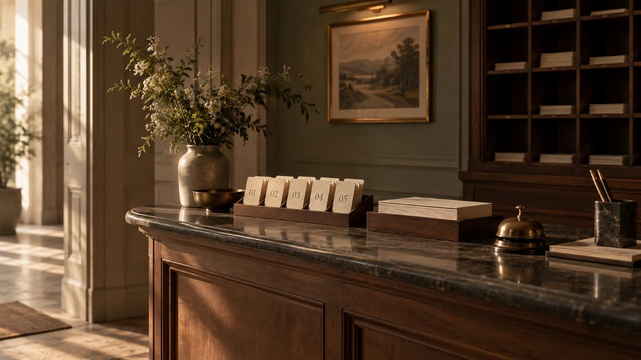 A calm reception desk with numbered cards, books and flowers in warm light, suggesting an intentional welcome without a booking counter.