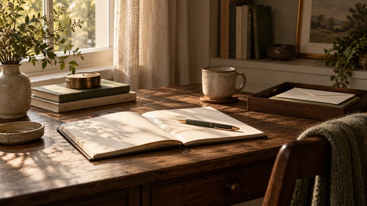 An open notebook and pen on a warm wooden desk beside a cup of tea, suggesting a considered written enquiry.