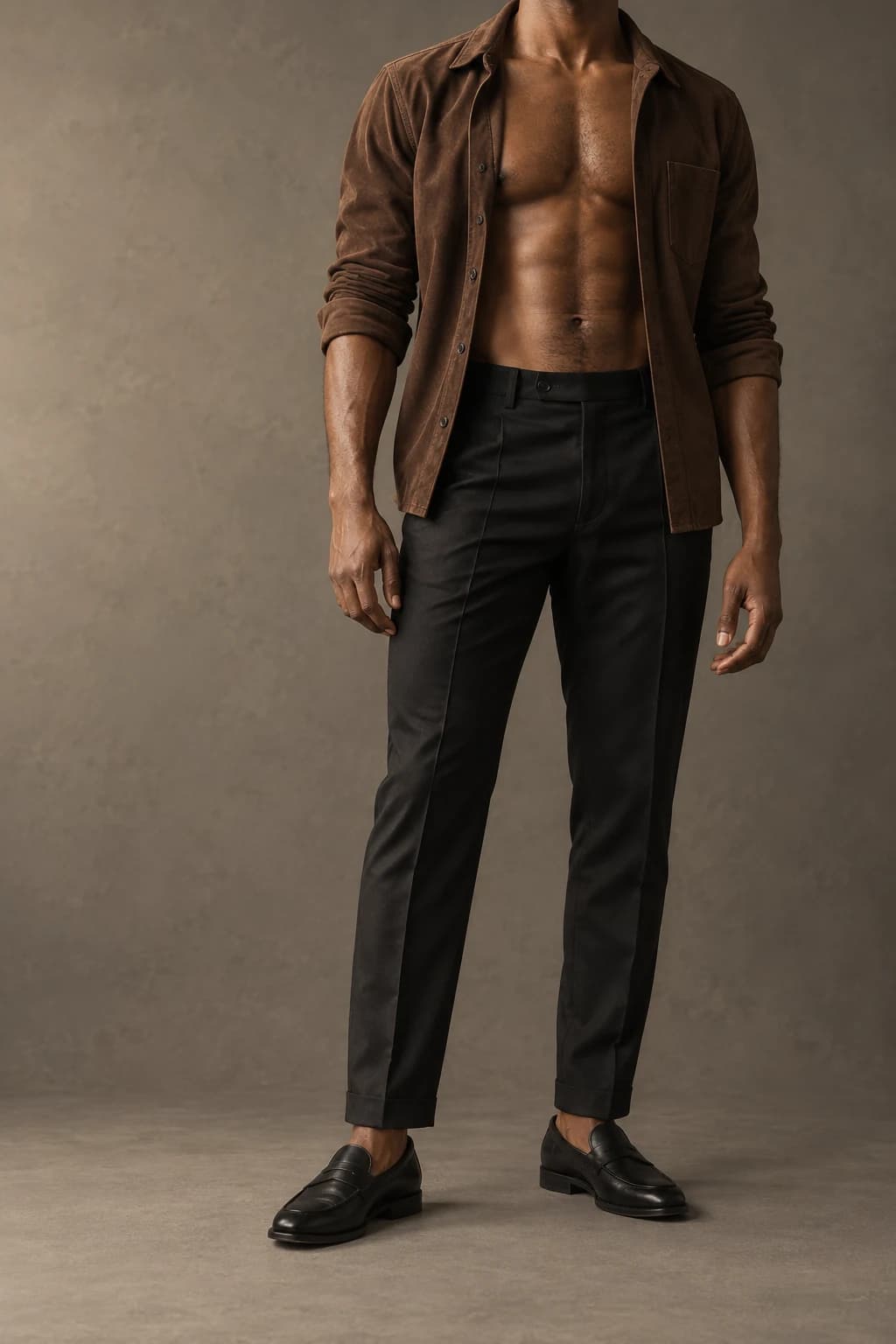 Generated photograph of fictional Amari, face out of frame, standing in an open brown suede shirt and black trousers. The whole standing pose is visible.