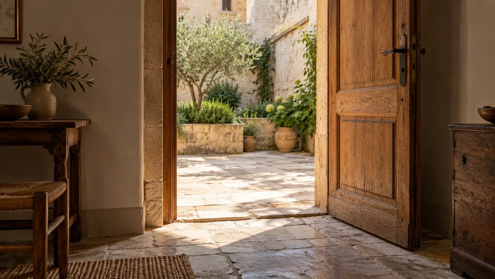 An open wooden doorway leading from a quiet room to a sunlit private courtyard.