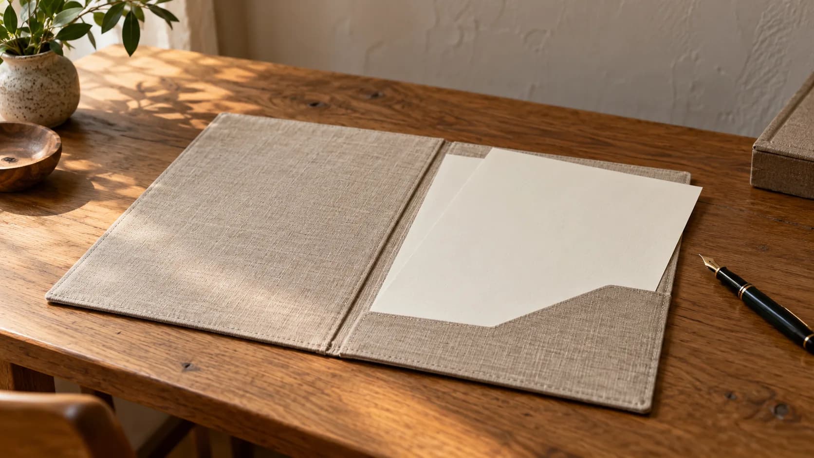 An open linen project folder with blank paper and a fountain pen on a sunlit wooden desk.