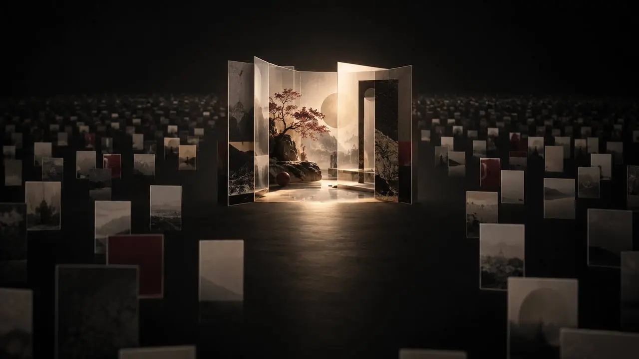 A field of small image panels surrounding one illuminated, layered digital world.