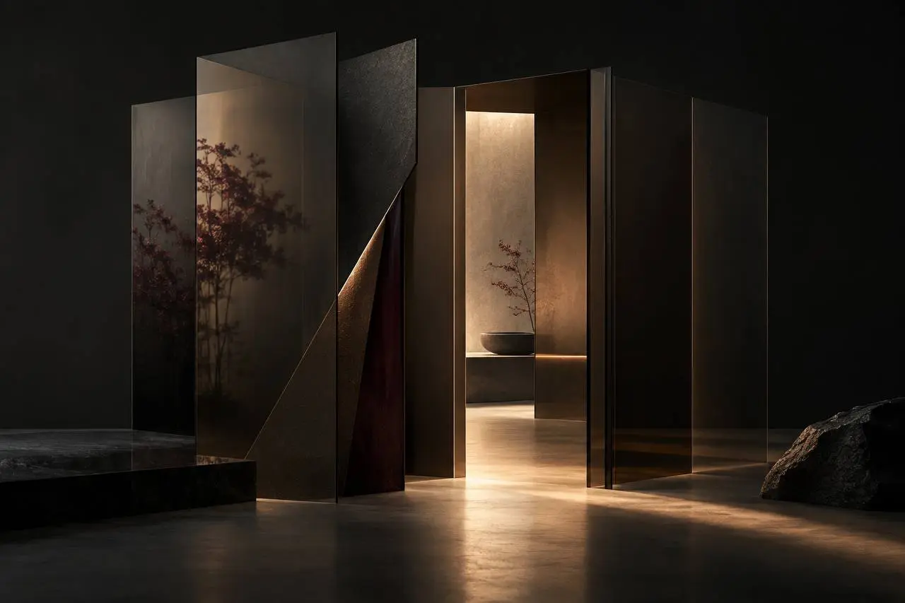 Layered smoked-glass panels opening onto a warm, private interior.
