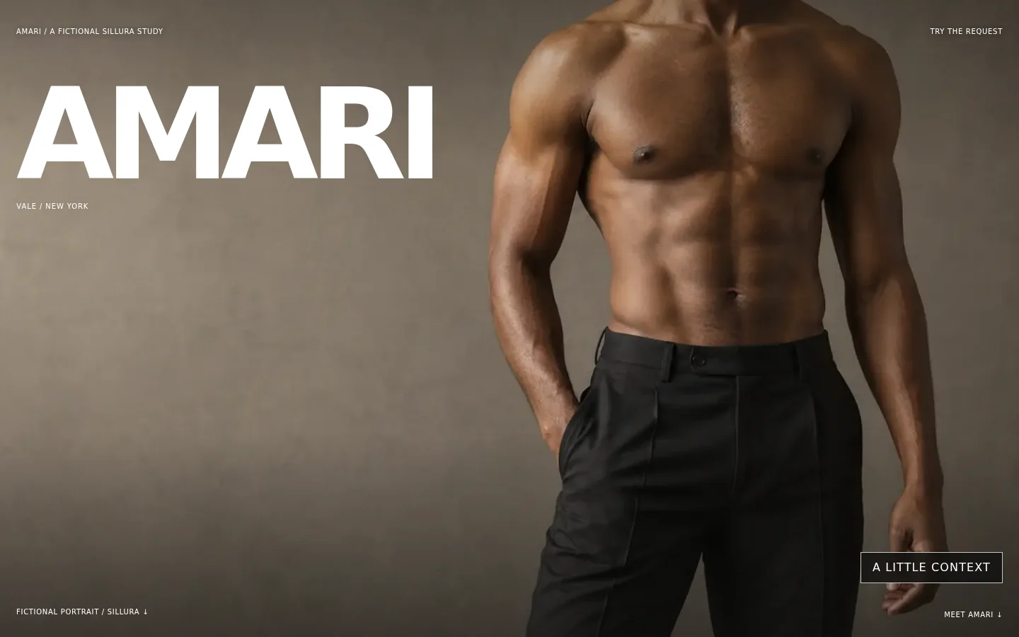Amari Vale’s fictional New York website: a full-screen face-hidden studio portrait, the AMARI wordmark and the A little context control.