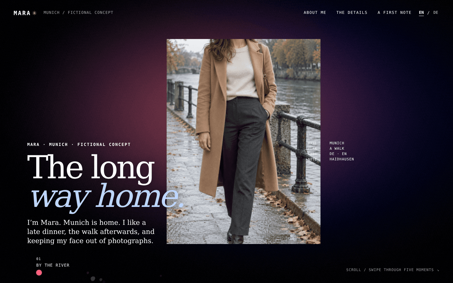 Mara Voss’s fictional Munich website: The long way home beside a generated portrait in a camel coat, with the face outside the frame.