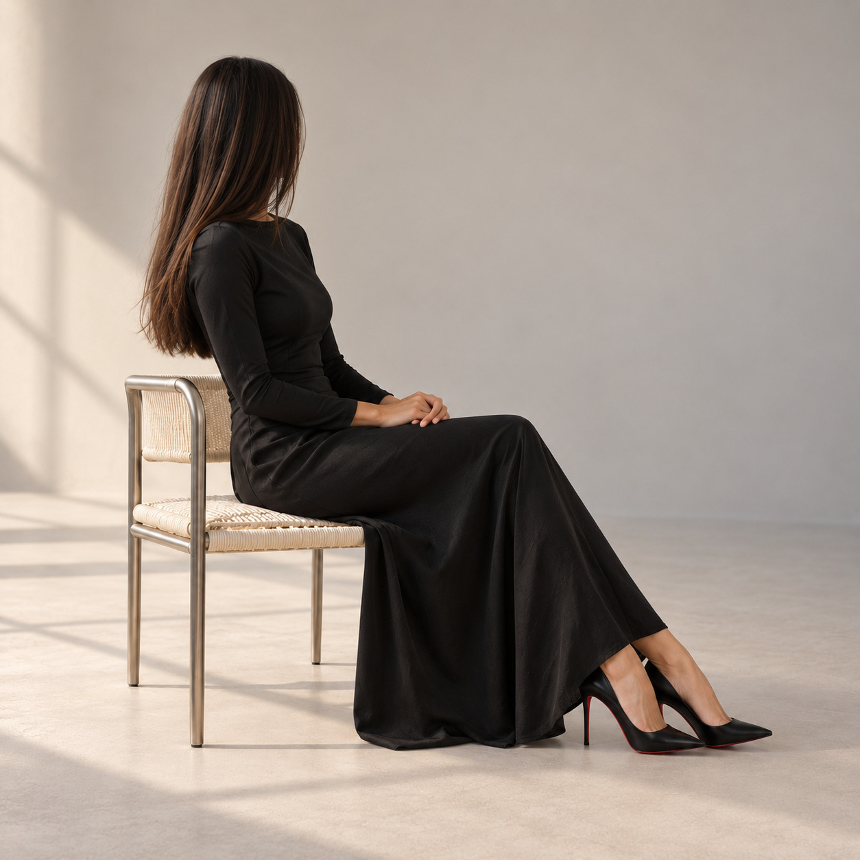 A side view of Élise seated in the same black dress, with her hands resting in her lap and her face hidden